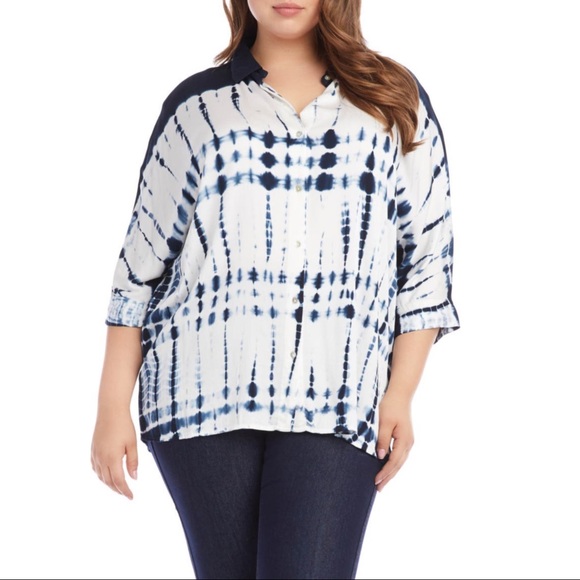 Karen Kane Blue and White Tie Dye Button Down Front Shirt Size 3X - Picture 3 of 16